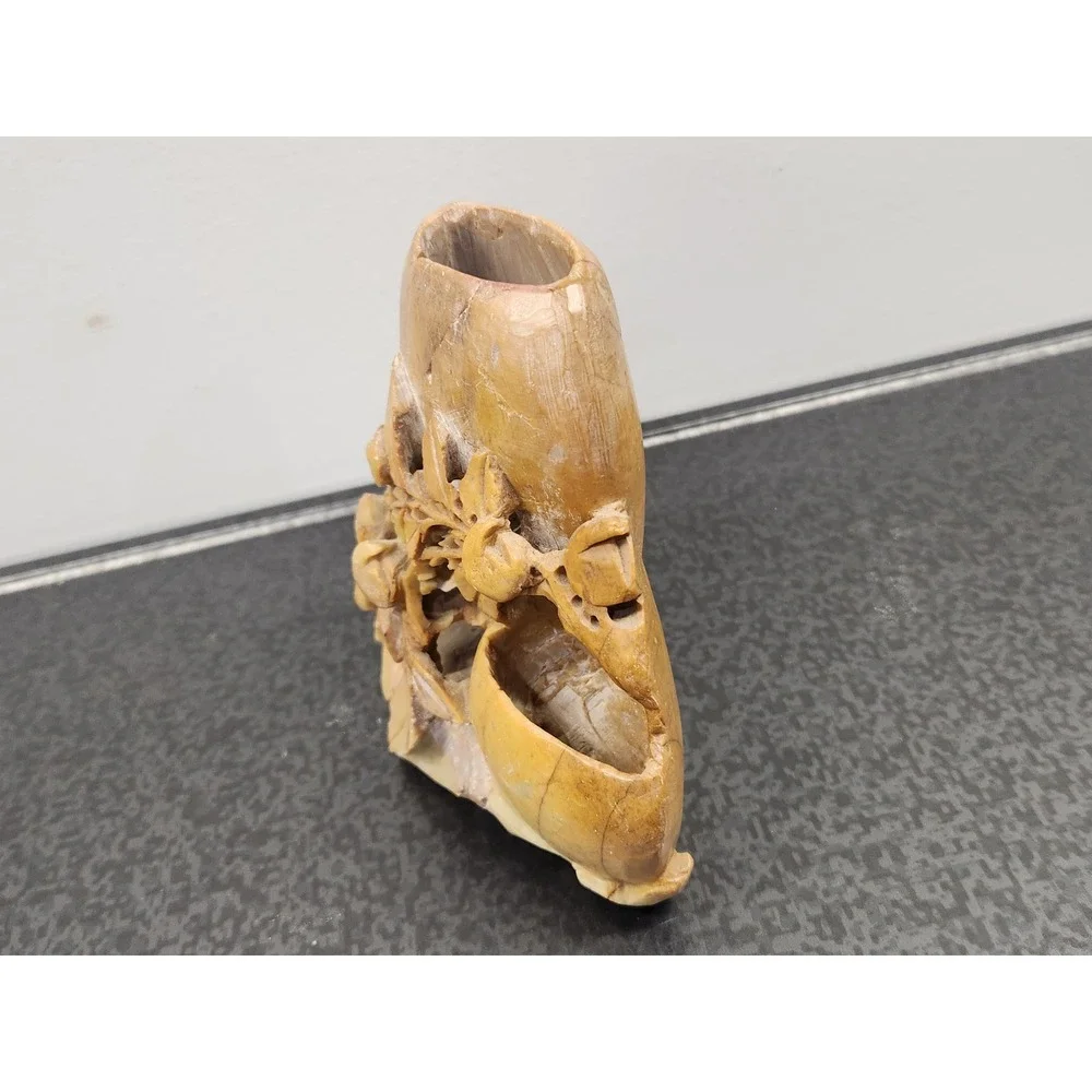 Carved Soapstone Chinese Floral Vase Carving Tan Floral Fruit Vintage Twin Vase